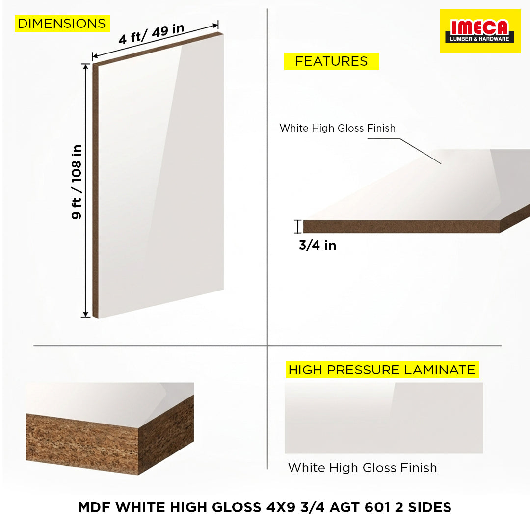 MDF WHITE HIGH GLOSS 4X9 3/4 AGT 601 2 SIDES