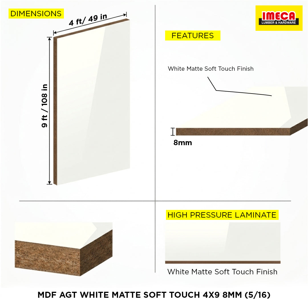 MDF AGT WHITE MATTE SOFT TOUCH 4X9 8MM (5/16)