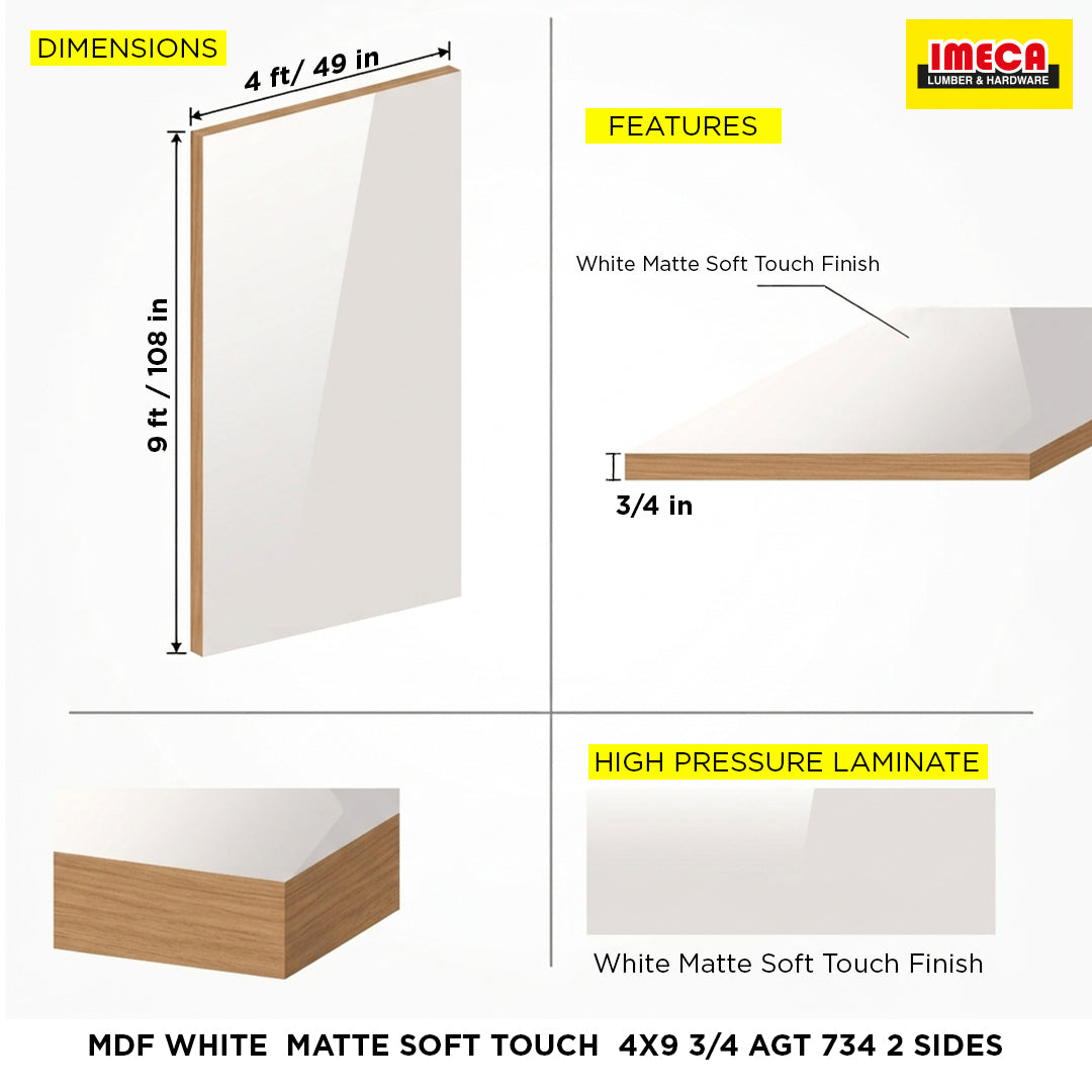 MDF WHITE  MATTE SOFT TOUCH  4X9 3/4 AGT 734 2 SIDES