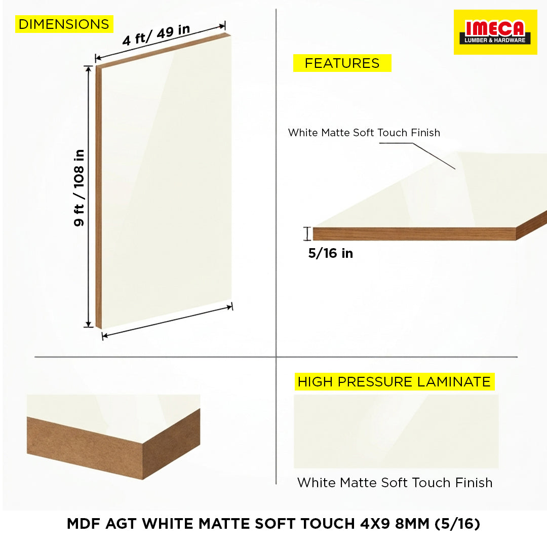MDF AGT WHITE MATTE SOFT TOUCH 4X9 8MM (5/16)