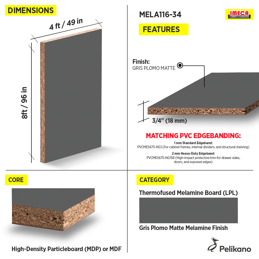 MELAMINE GRIS PLOMO MATTE 3/4 4X8 "FANTASIA FINISH"