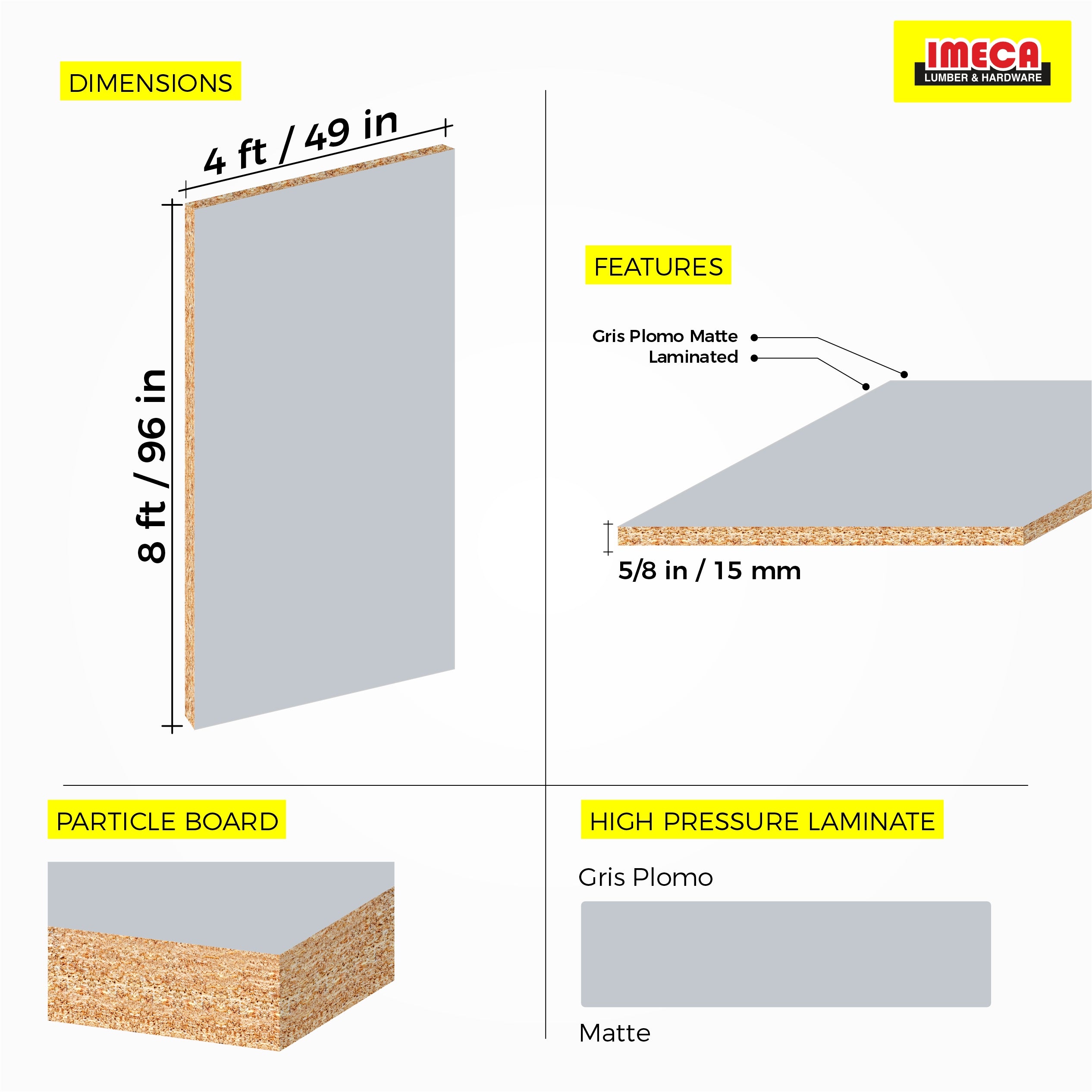 MELAMINE GRIS PLOMO MATTE 5/8 4X8 (Fantasia)