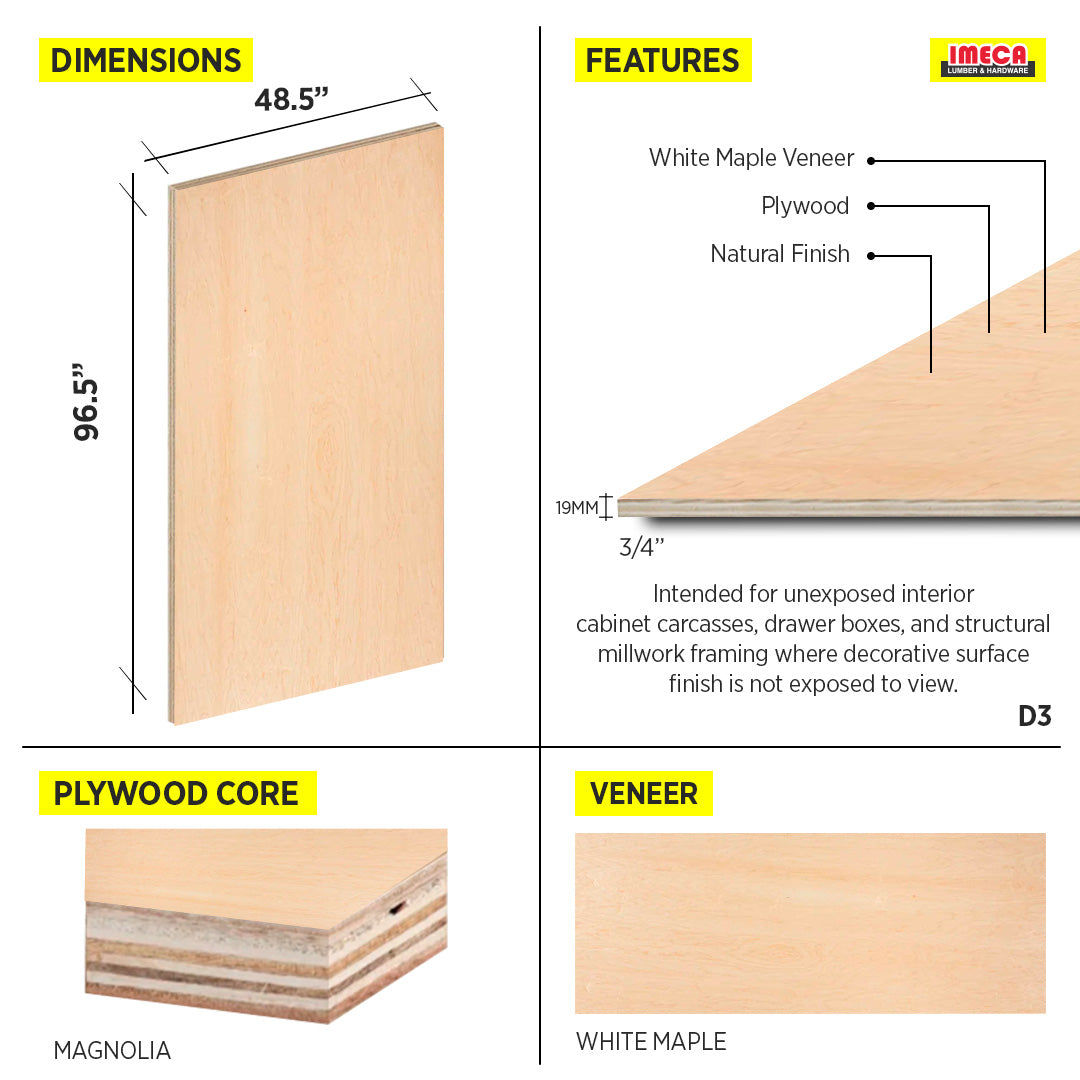 PLYWOOD DOMESTIC WH MAPLE 3/4 4X8 D3SHOP