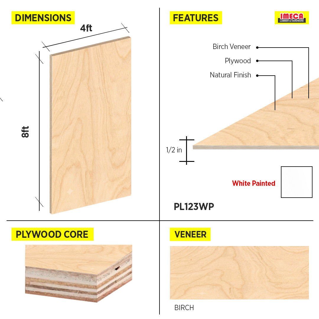 PLYWOOD BIRCH 12MM 48"X96" WHITE PAINTED