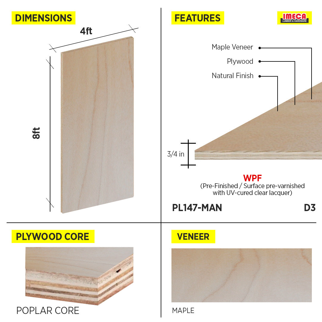 PLYWOOD MAPLE 3/4" WPF D3 4X8 POPLAR CORE