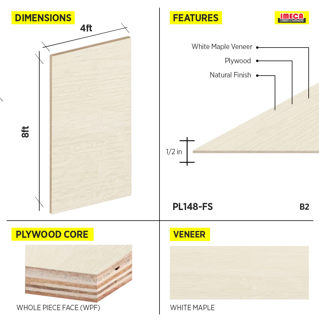 PLYWOOD WPF WHITE MAPLE VC 1/2 B-2 48.5"X96.5"