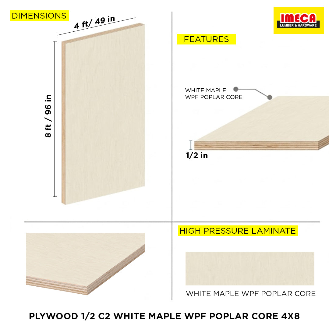 PLYWOOD 1/2 C2 WHITE MAPLE WPF POPLAR CORE 4X8