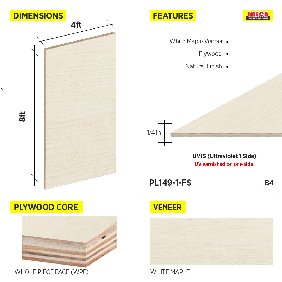 PLYWOOD WPF WHITE MAPLE VC UV1S 1/4 B-4 48.5"X96.5"