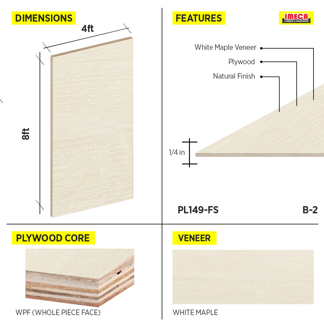PLYWOOD WPF WHITE MAPLE VC 1/4 B-2 48.5"X96.5"