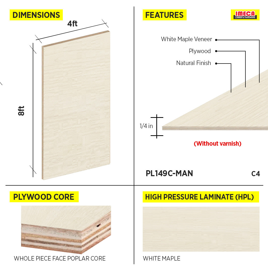 PLYWOOD 1/4 C4 WHITE MAPLE WPF 4X8