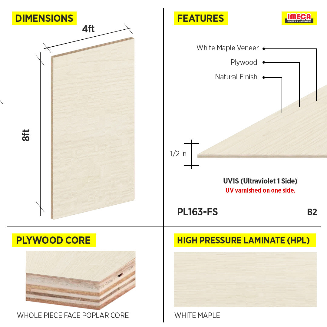 PLYWOOD WPF WHITE MAPLE VC UV1S 1/2 B-2 48.5"X96.5"