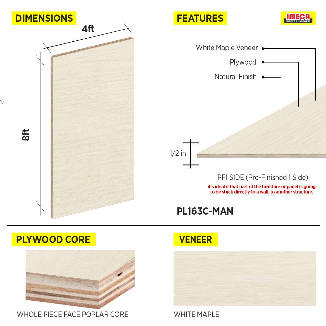 PLYWOOD 1/2 WHITE MAPLE PF1 SIDE WPF POPLAR CORE 4X8