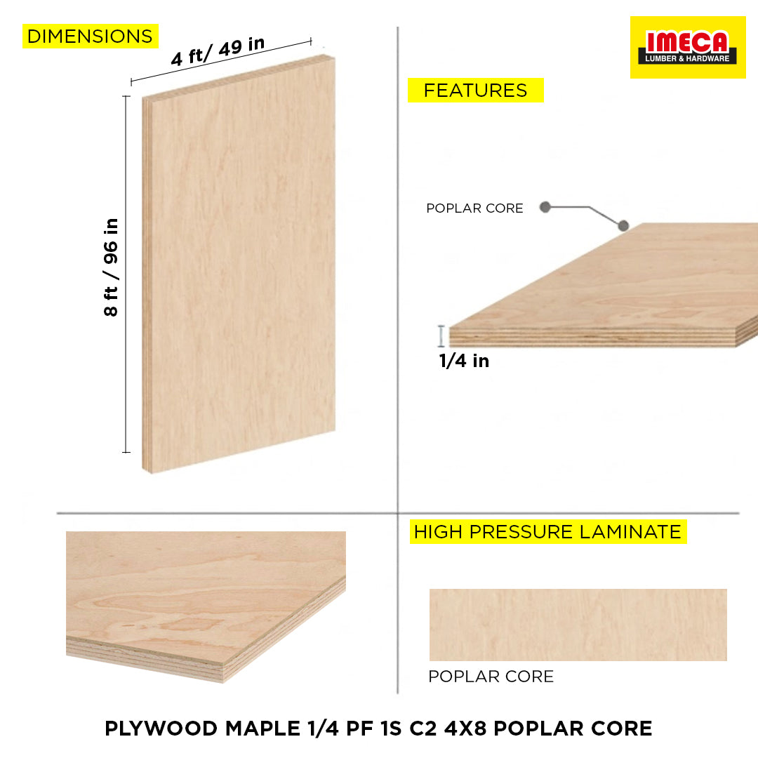 PLYWOOD MAPLE 1/4 PF 1S C2 4X8 POPLAR CORE