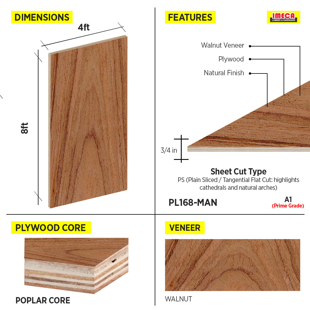 PLYWOOD WALNUT 3/4" A1 PS 4X8 POPLAR CORE