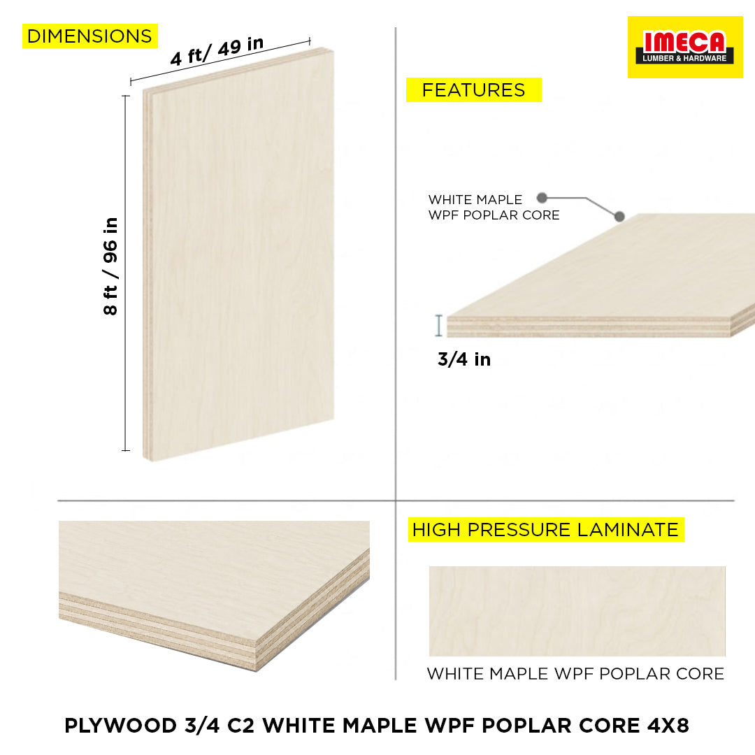 PLYWOOD 3/4 C2 WHITE MAPLE WPF POPLAR CORE 4X8