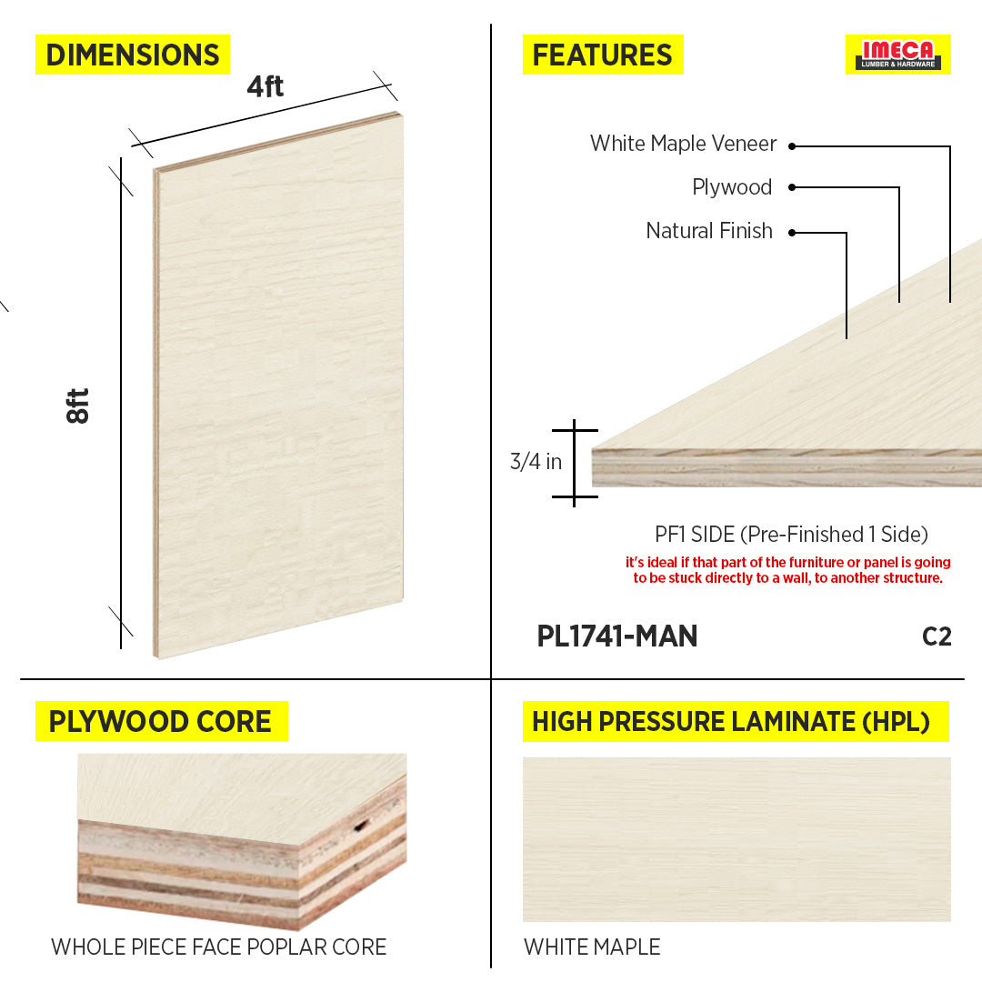 PLYWOOD WHITE MAPLE 4X8 3/4 C2 PF1 SIDE WPF POPLAR CORE
