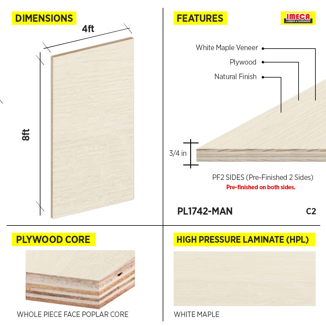 PLYWOOD WHITE MAPLE 4X8 3/4 C2 PF2 SIDES WPF POPLAR CORE