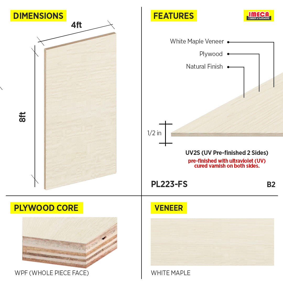 PLYWOOD WPF WHITE MAPLE VC UV2S 1/2 B-2 48.5"X96.5"