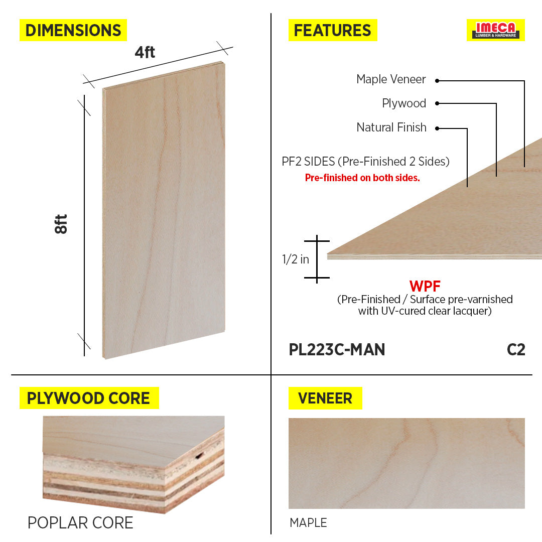 PLYWOOD MAPLE 1/2 C2 WPF PF2 SIDES POPLAR CORE 4X8