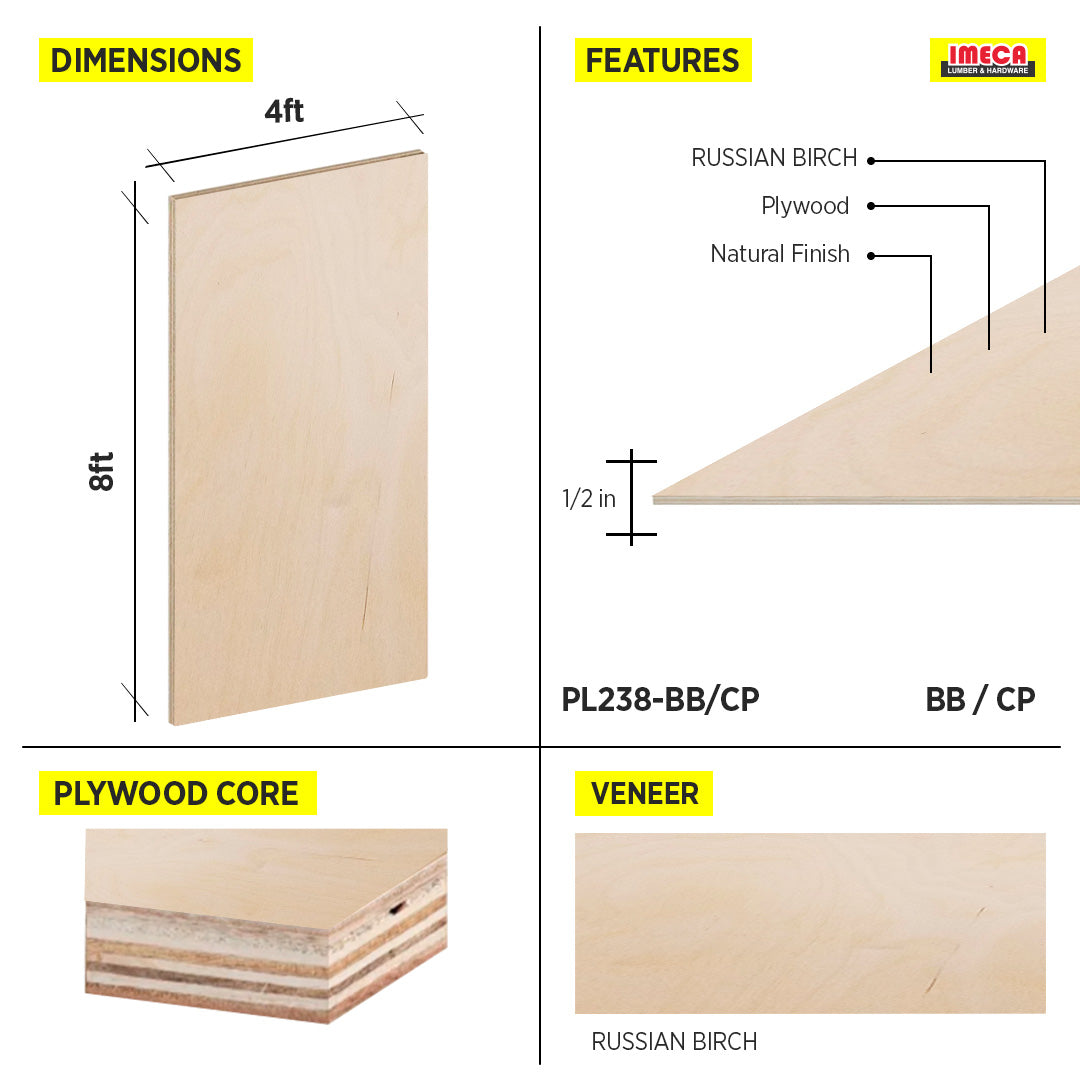 PLYWOOD RUSSIAN BIRCH 1/2-12MM BB/CP 4X8