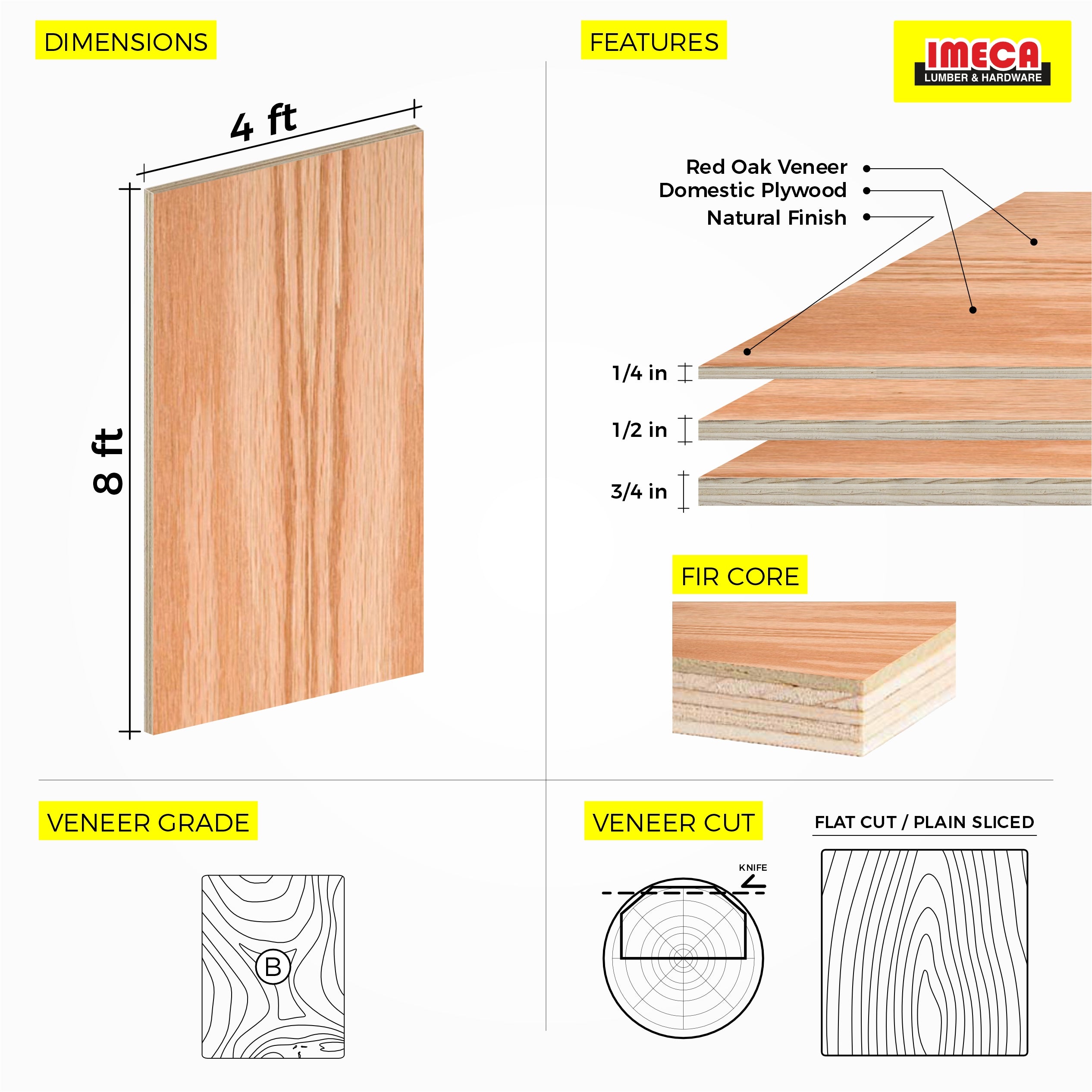 Red Oak Plywood, Plain Sliced Veneer 4 ft x 8 ft