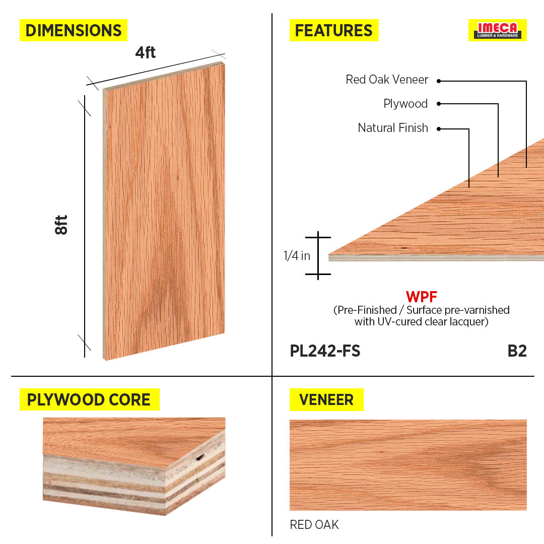 PLYWOOD WPF RED OAK VC 1/4 B-2 48.5"X96.5"