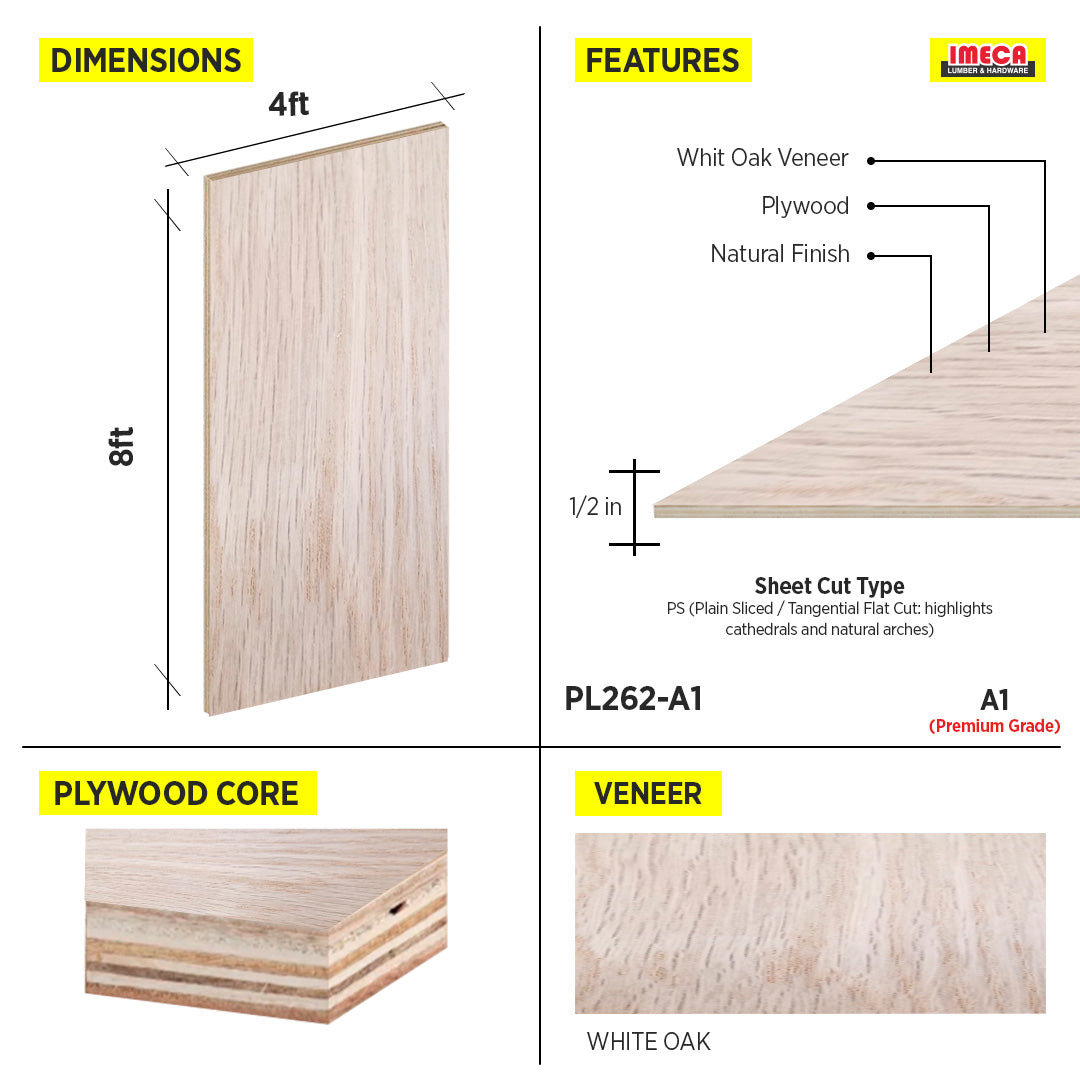 PLYWOOD WHITE OAK 1/2 4X8 PLAIN SLICED A1