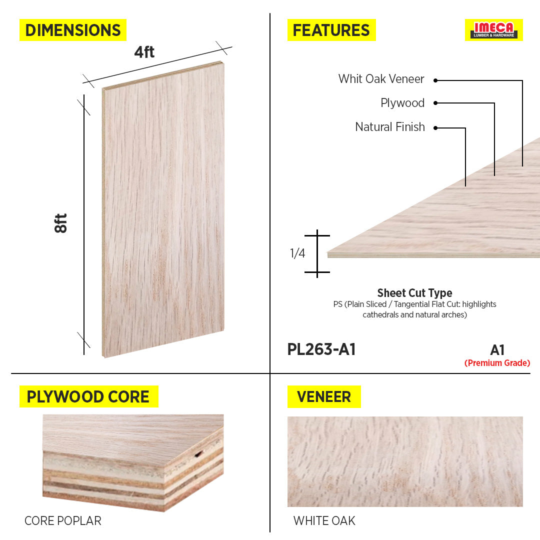 PLYWOOD WHITE OAK 1/4 4X8 PLAIN SLICED A1