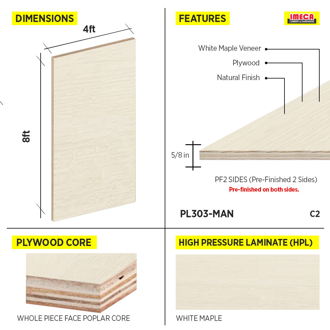 PLYWOOD 5/8" WPF WHITE MAPLE C2 POPLAR CORE PF2 SIDES 4X8
