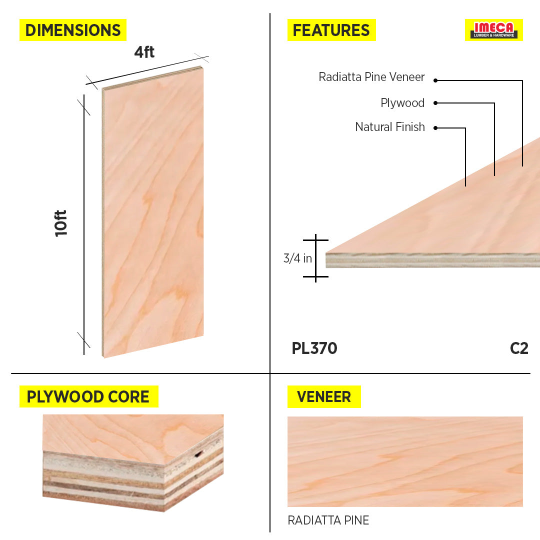 PLYWOOD RADIATA PINE 4x10 18mm C-2 48"X120"