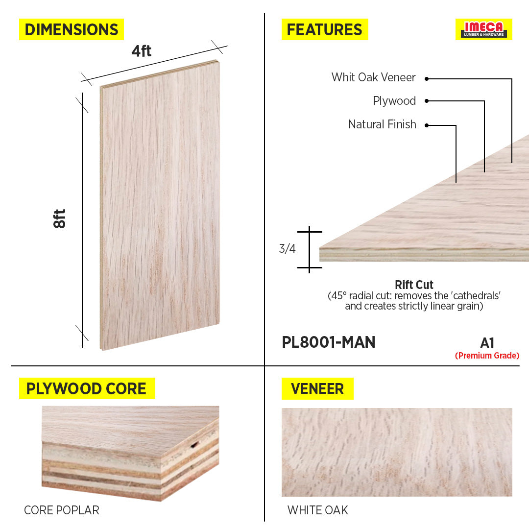 PLYWOOD WHITE OAK 1/2 4X8 A1 RIFT CUT GARNICA