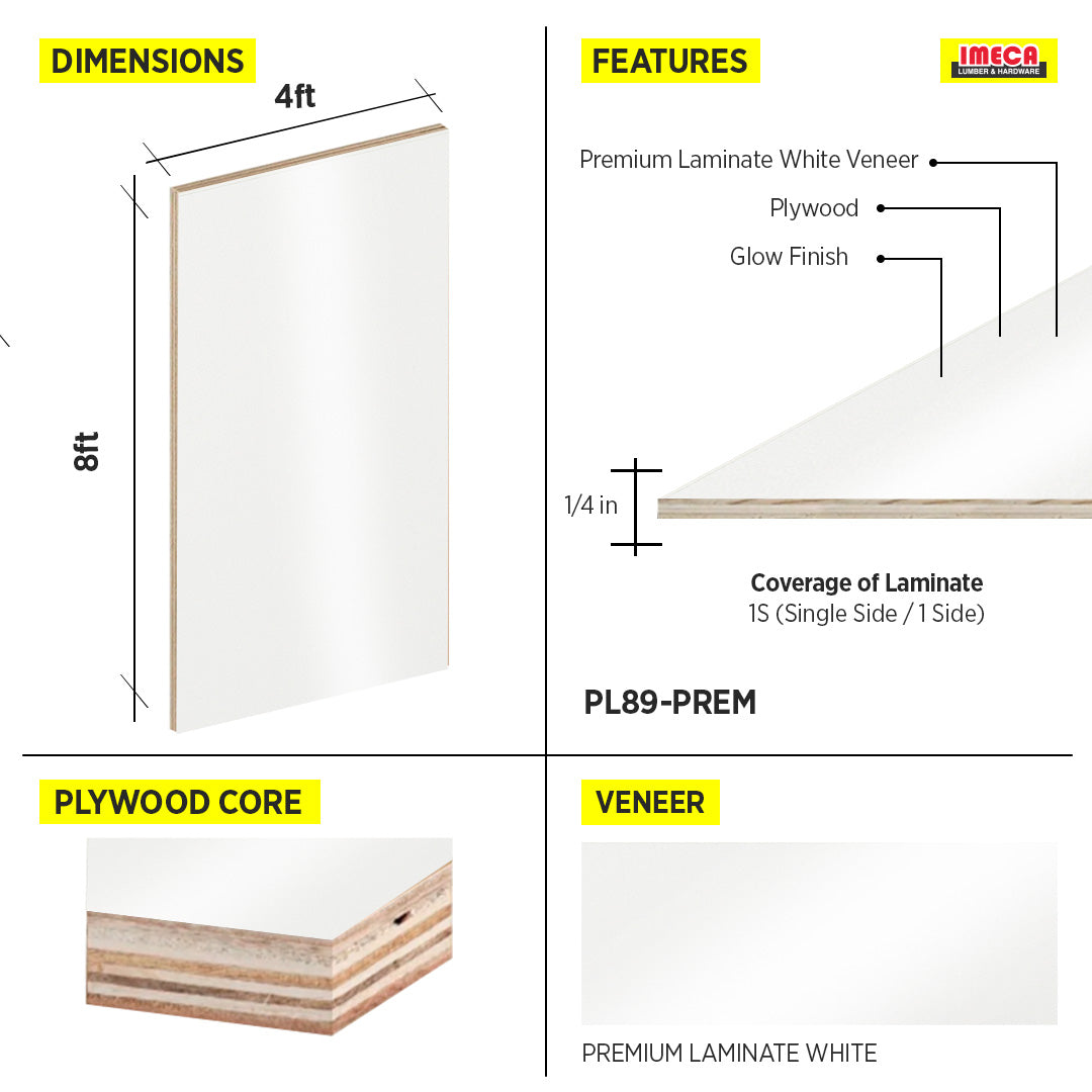 PLYWOOD PREMIUM LAMINATE WHITE 1S 1/4 4X8