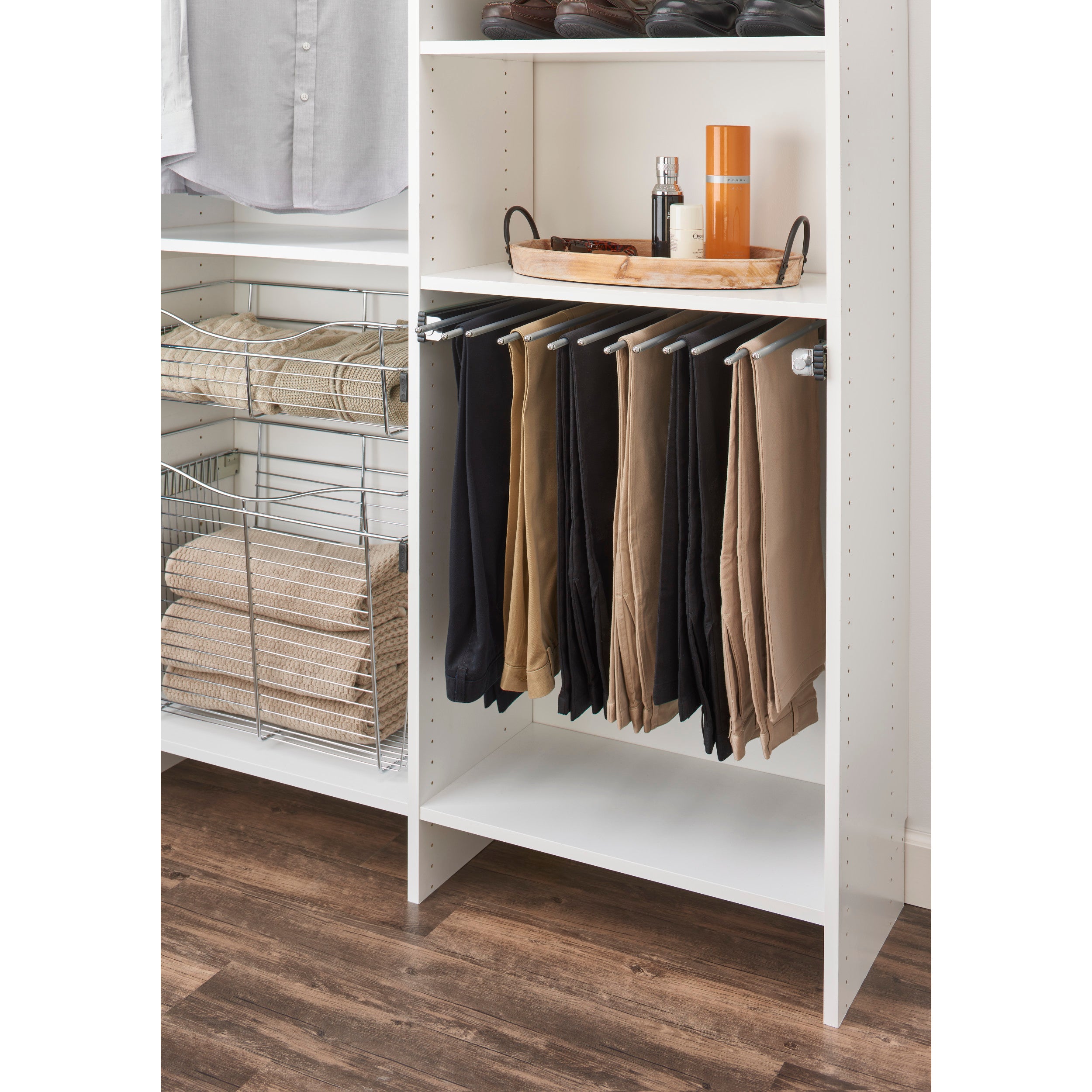 18 in Chrome Pullout Pants Rack w/9 pants rods Chrome  17.5 in (445 mm) W x 14 in (356 mm) D x 3 in (76 mm) H