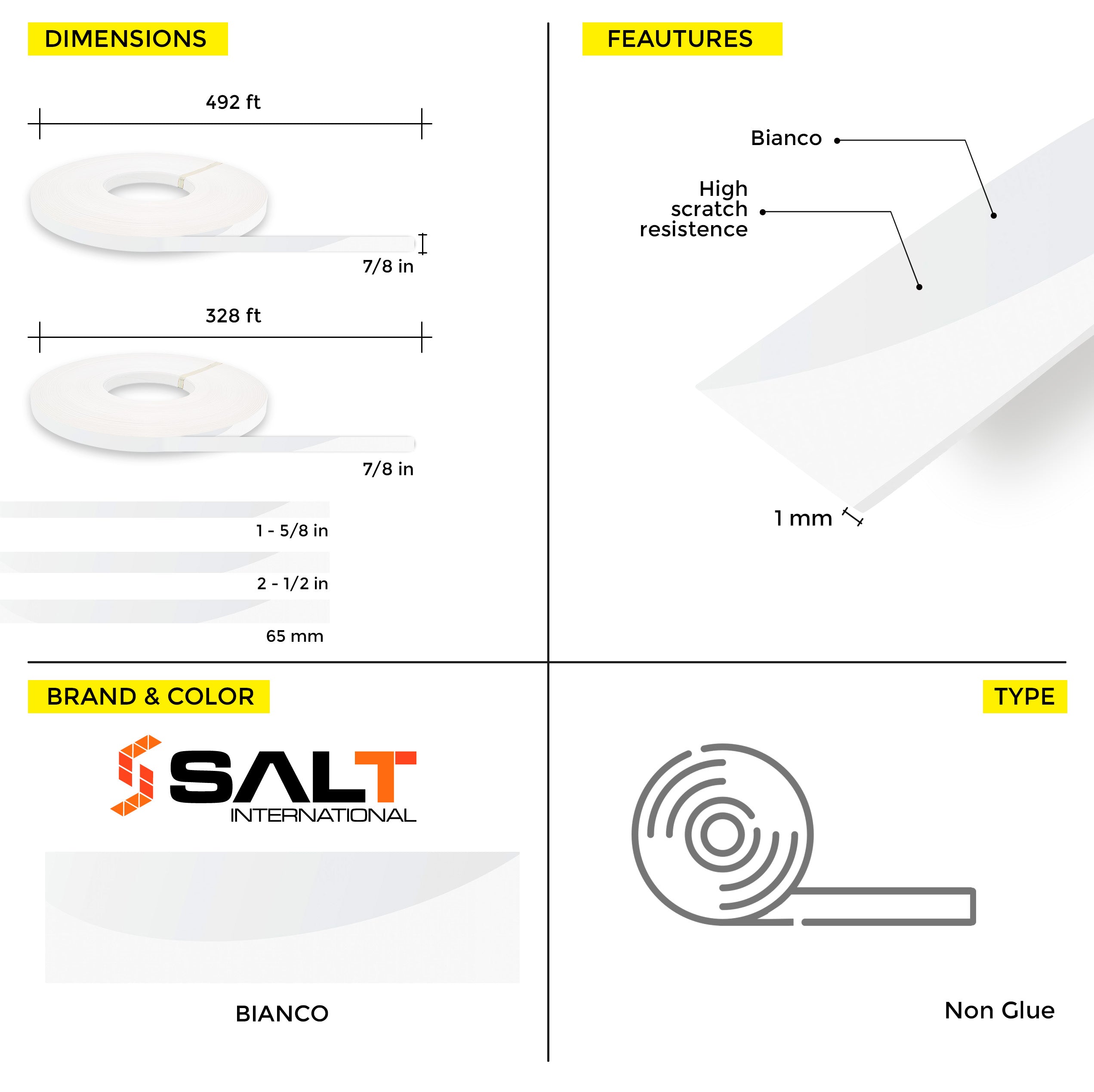 Bianco PVC Edge Banding (328 ft x 1 mm)