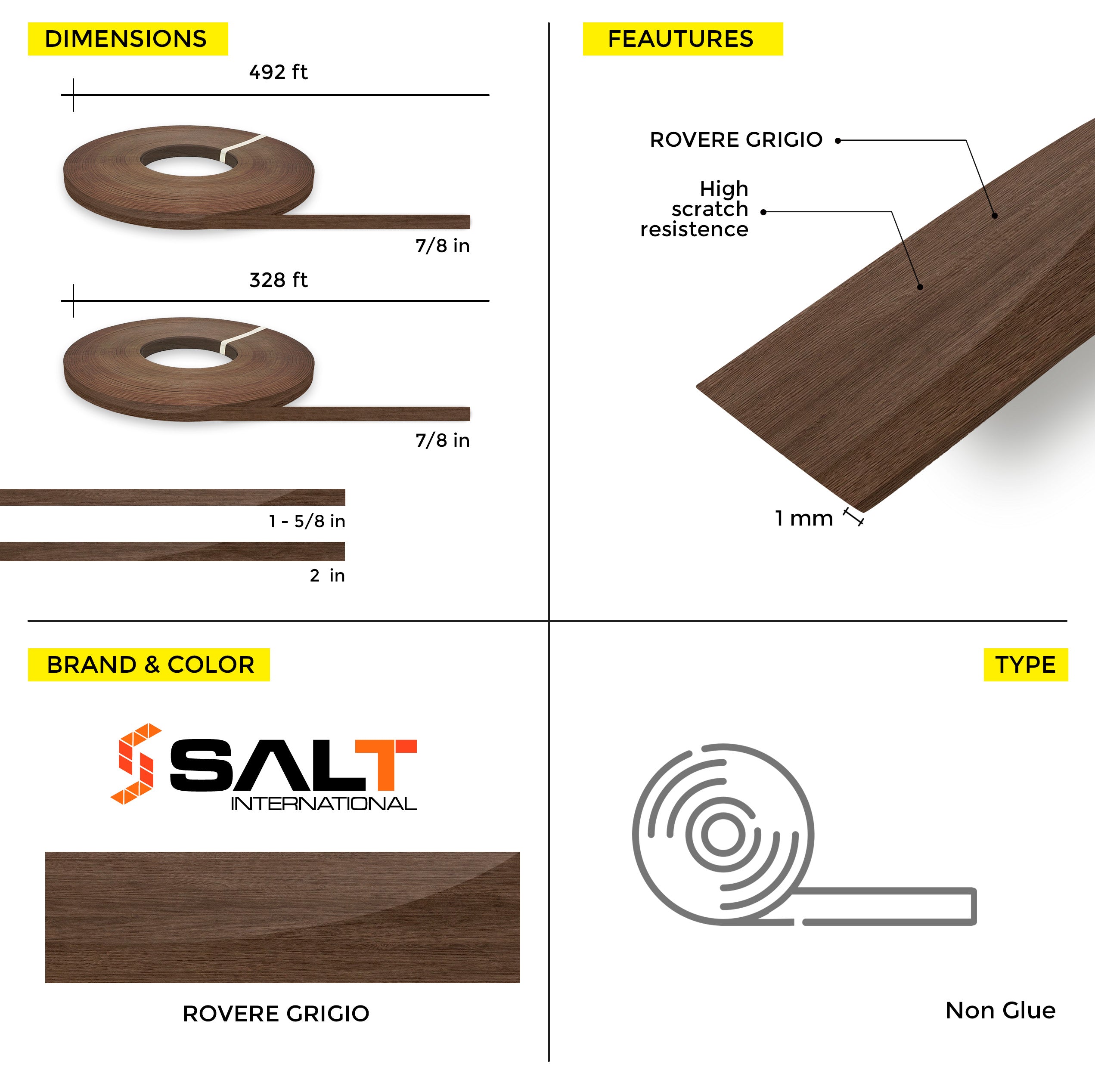 Rovere Grigio PVC Edge Banding (328 ft x 1 mm)