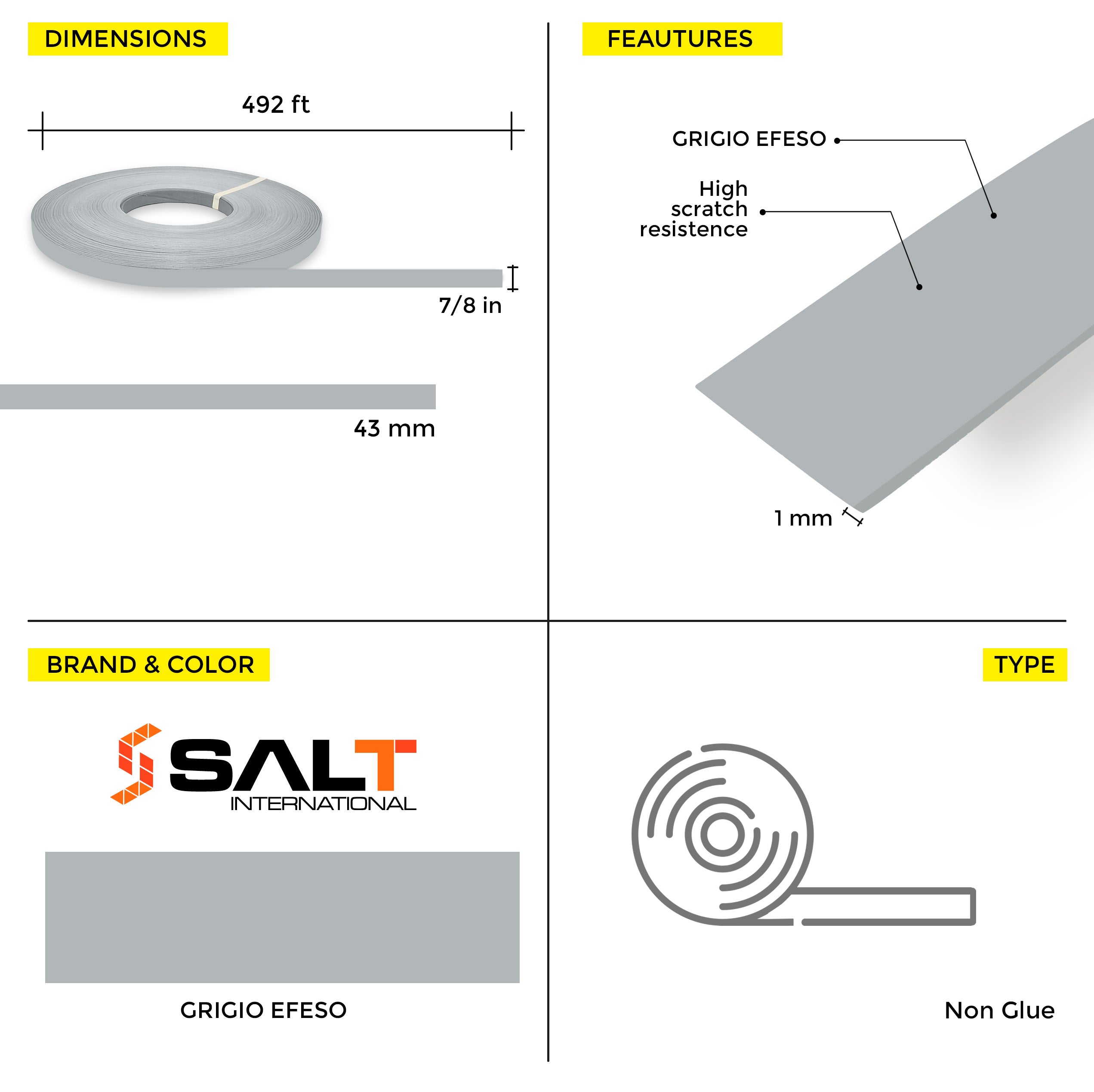 Grigio Efeso PVC Edge Banding (328 ft x 1 mm)