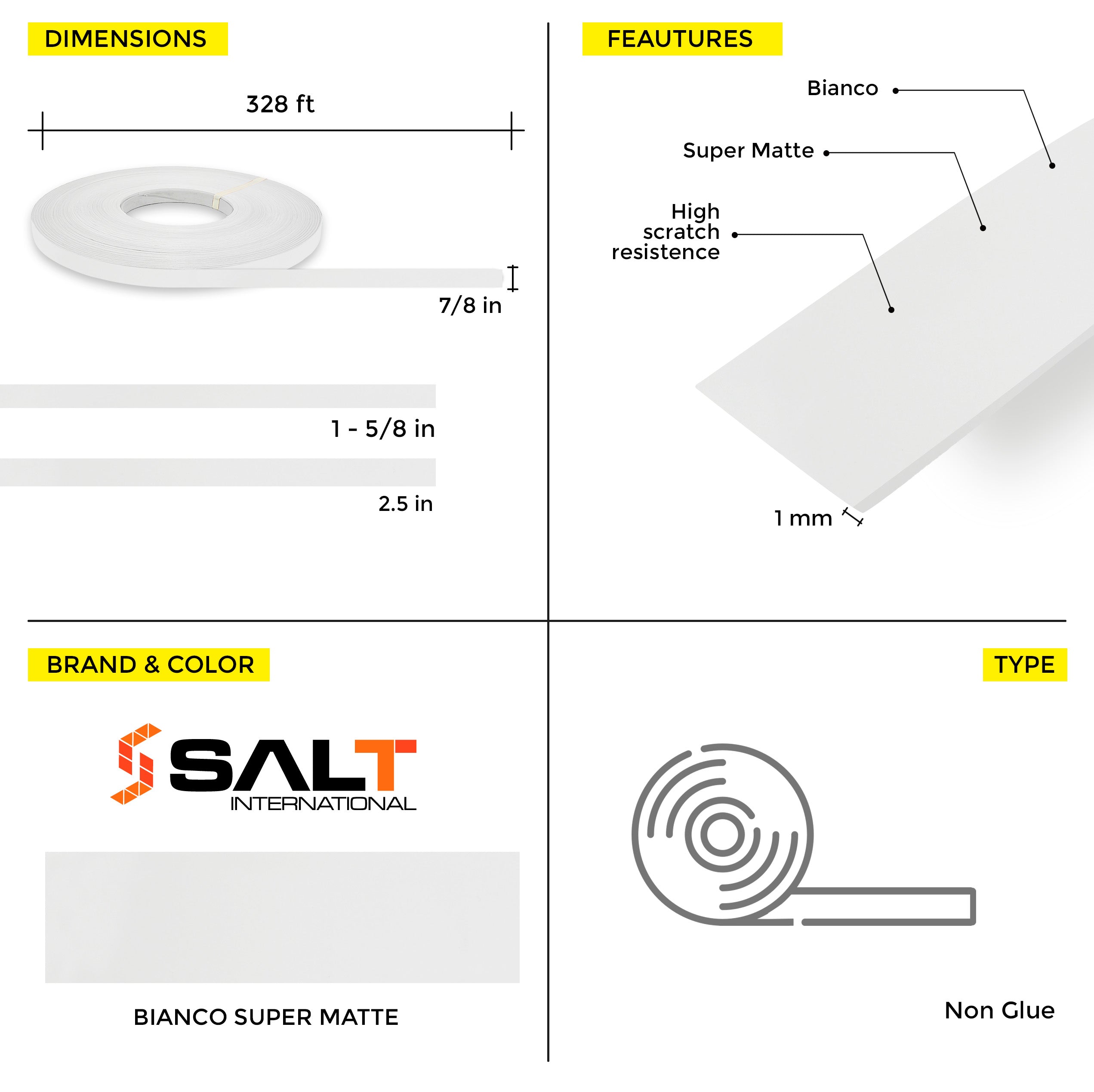 Bianco Super Matte PVC Edge Banding (328 ft x 1 mm)