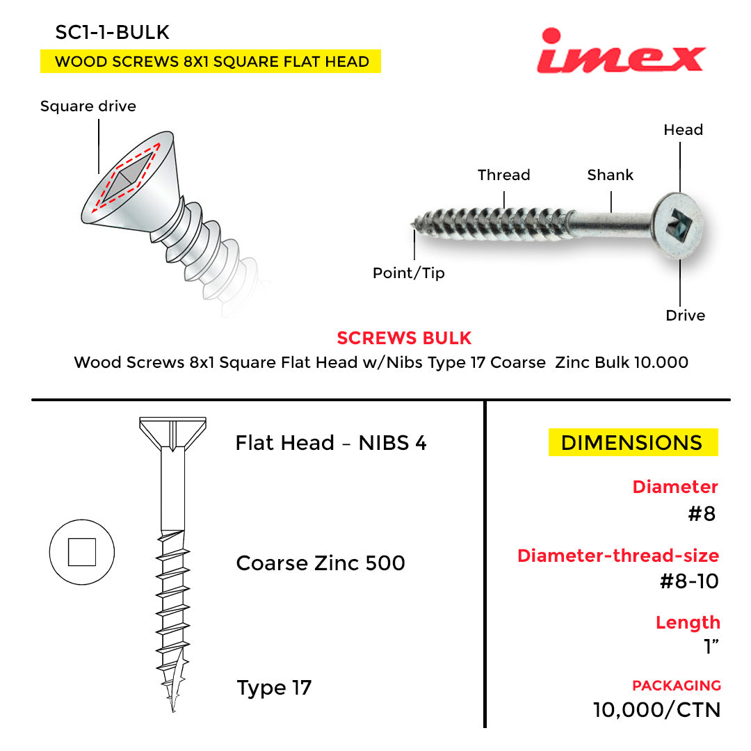 WOOD SCREWS IMEX SQUARE FLAT HEAD WITH NIBS #8 1" TYPE 17 COARSE ZINC 10.000 BULK