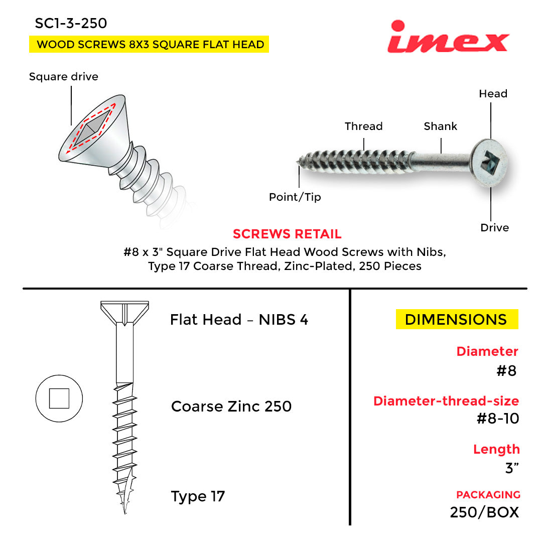 WOOD SCREWS IMEX SQUARE FLAT HEAD WITH NIBS #8 2-1/2" TYPE 17 COARSE ZINC 350 BOX