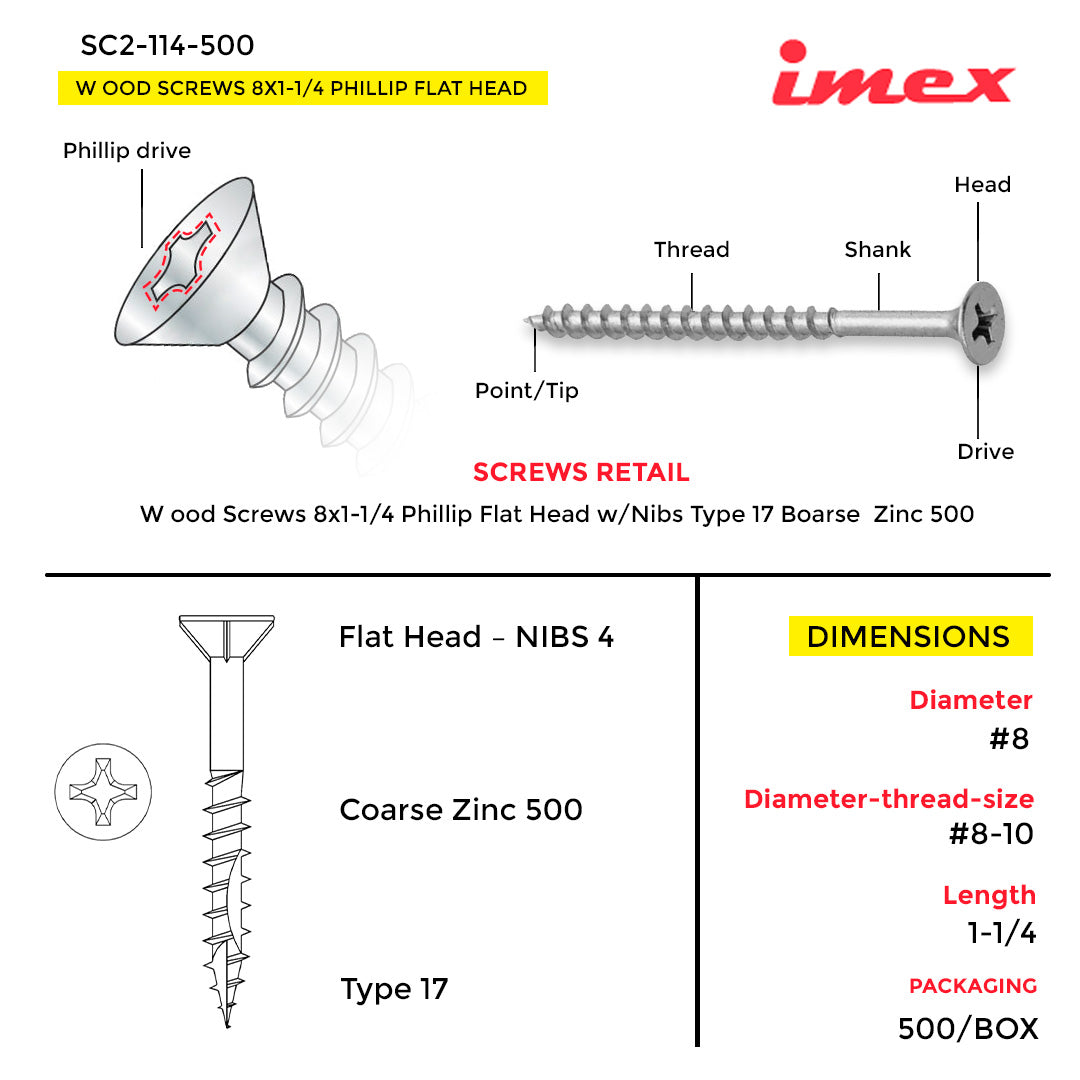 WOOD SCREWS IMEX PHILLIP FLAT HEAD WITH NIBS #8 1-1/4" TYPE 17 COARSE ZINC 500 BOX