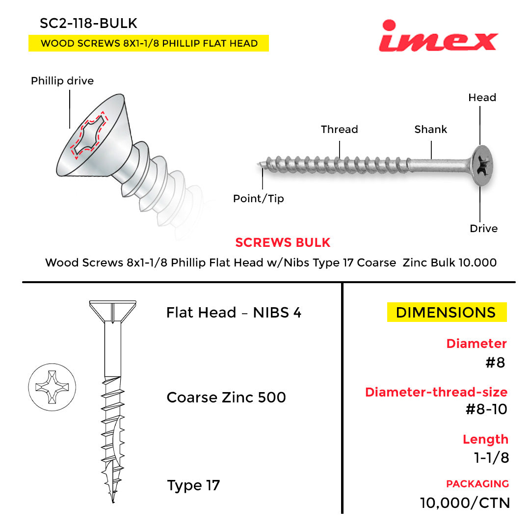 WOOD SCREWS IMEX PHILLIP FLAT HEAD WITH NIBS #8 1-1/8" TYPE 17 COARSE ZINC 10.000 BULK