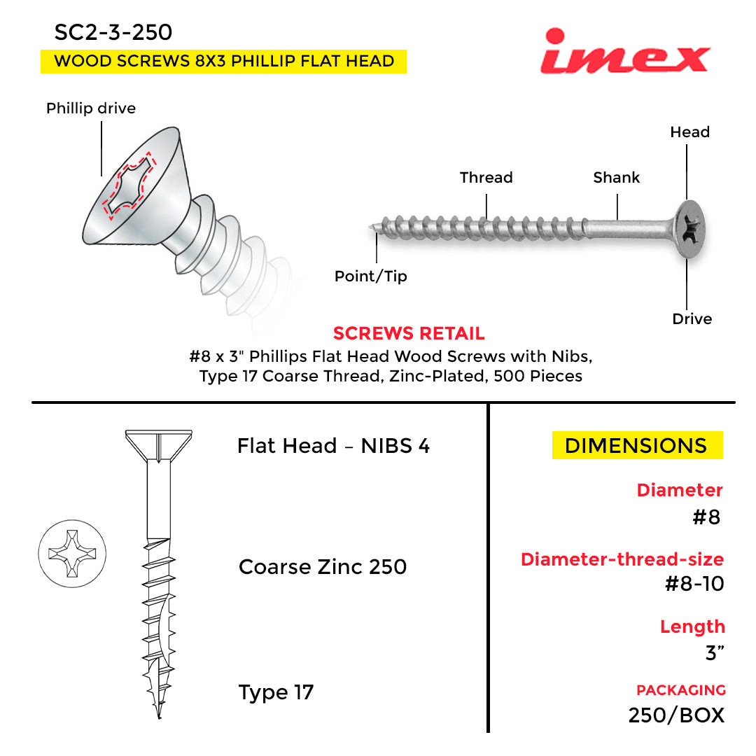 WOOD SCREWS IMEX PHILLIP FLAT HEAD WITH NIBS #8 3" TYPE 17 COARSE ZINC 250 BOX