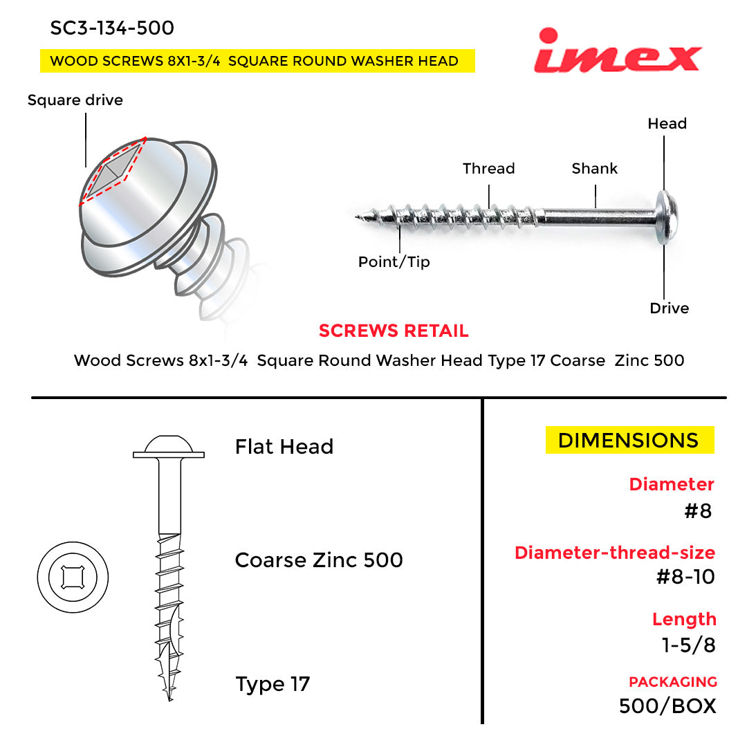 WOOD SCREWS IMEX SQUARE ROUND WASHER WITH NIBS #8 1-3/4" TYPE 17 COARSE ZINC 500 BOX