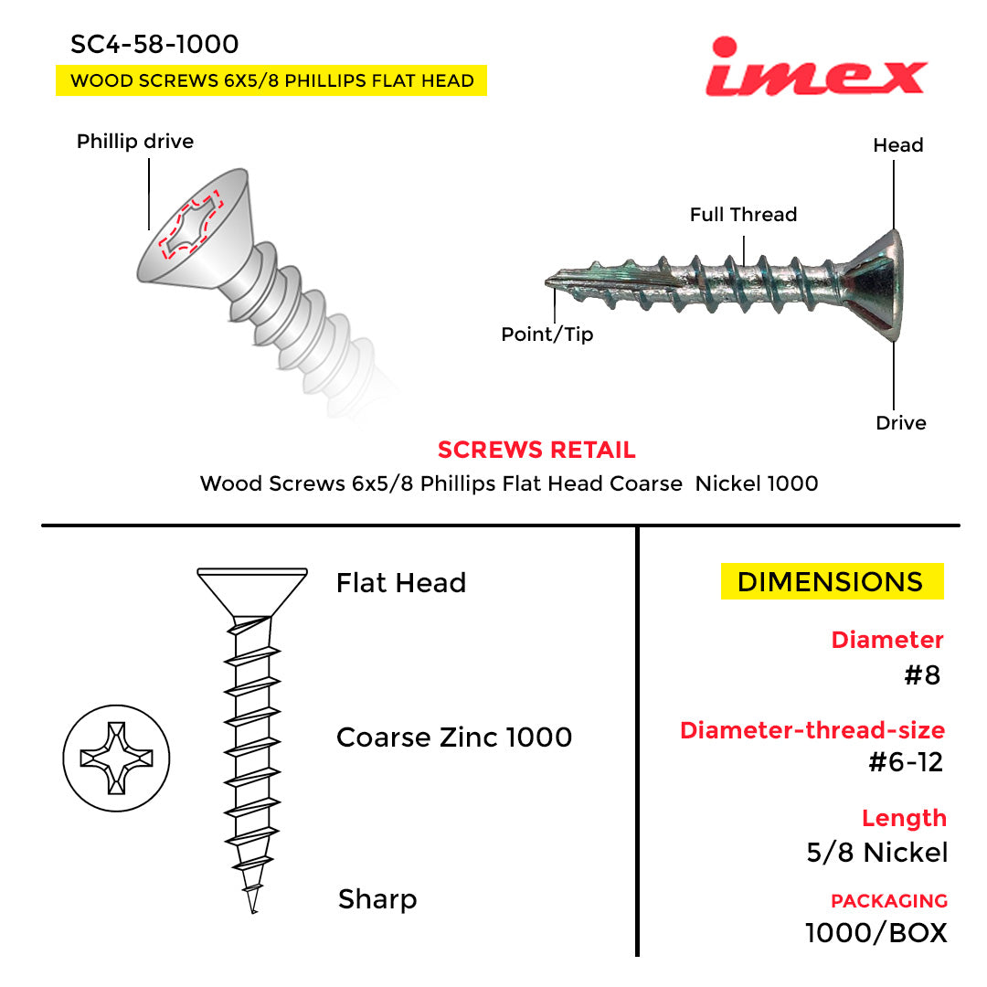 WOOD SCREWS IMEX PHILLIP FLAT HEAD #6 5/8" COARSE NICKEL 1000 BOX