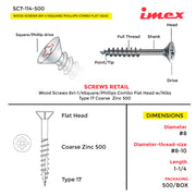 WOOD SCREWS 8X1-1/4 SQUARE/PHILLIP COMBO FLAT HEAD W/NIBS TYPE 17 COARSE  ZINC 500