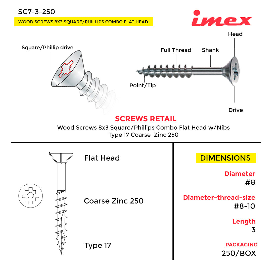 WOOD SCREWS IMEX SQUARE/PHILLIP COMBO FLAT HEAD WITH NIBS #8 3" TYPE 17 COARSE ZINC 250 BOX