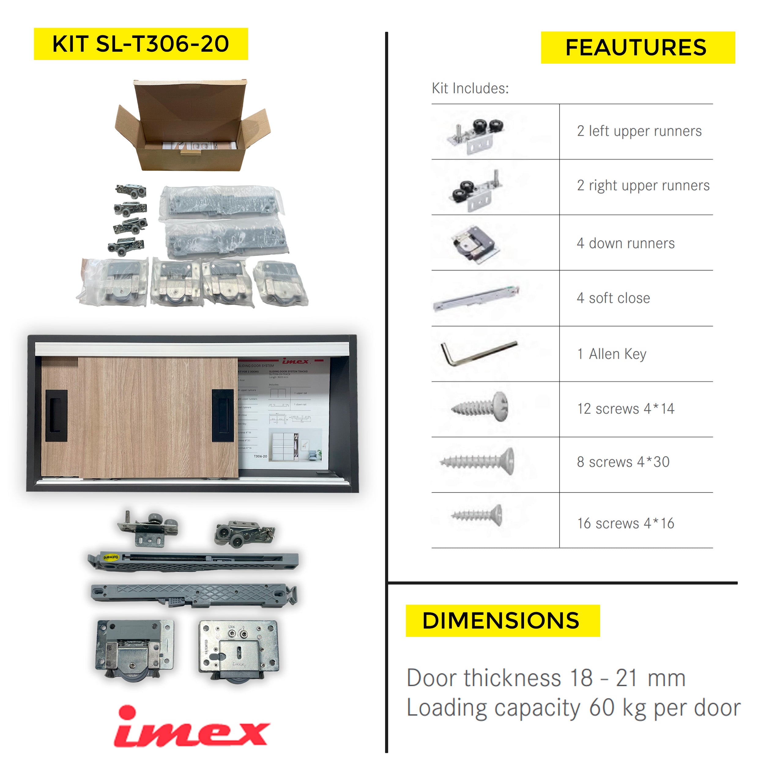 SLIDING DOOR SYSTEM KIT FOR 2 21MM 60KG