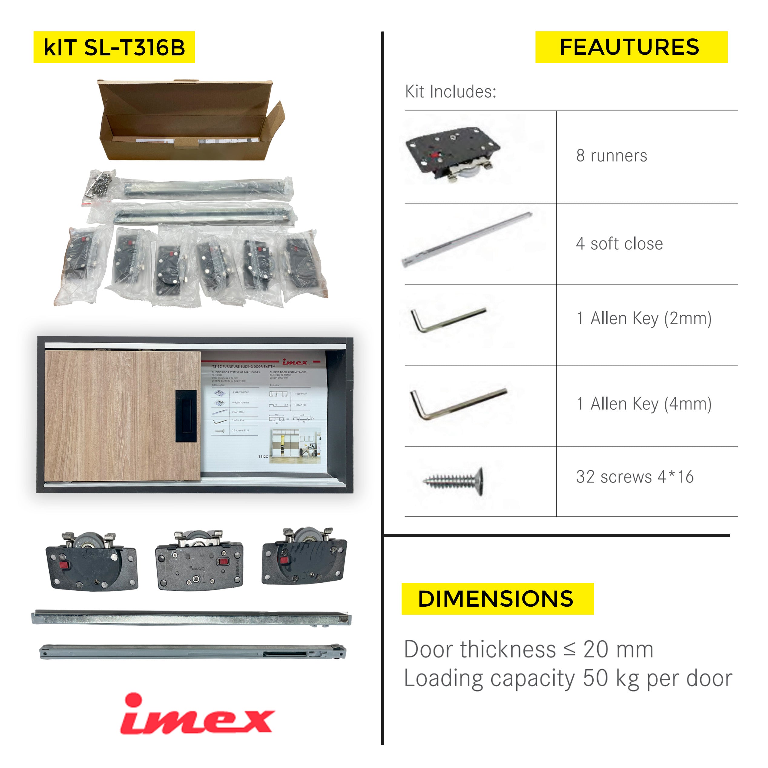 SLIDING DOOR SYSTEM KIT FOR 2 20MM 50KG