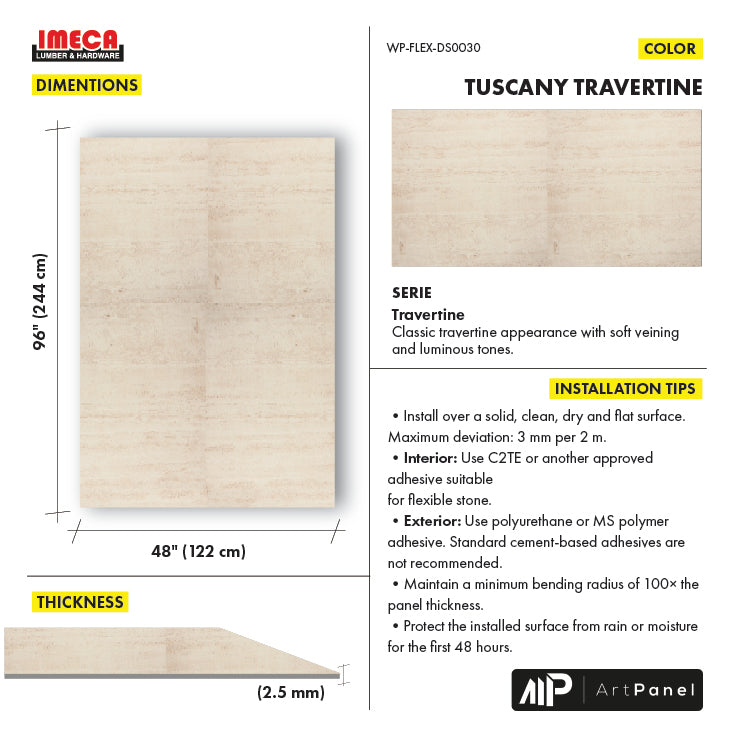 FLEXIBLE WALL PANEL TUSCANY TRAVERTINE 48X96" 2.5MM
