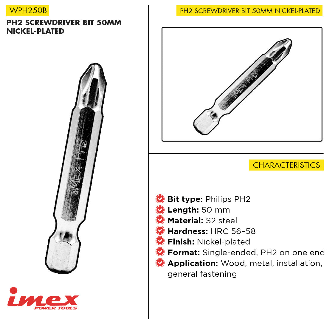 PH2 Screwdriver Bit 50mm Nickel-Plated - IMEX Power Tools